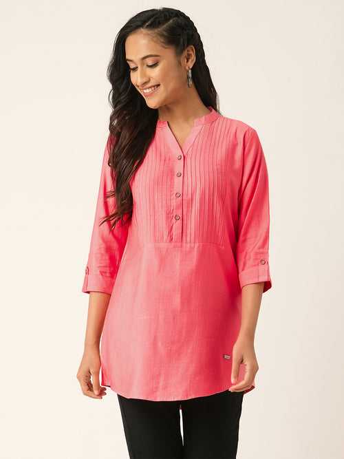 Odette Coral Solid Rayon Stitched Short Kurta For Women