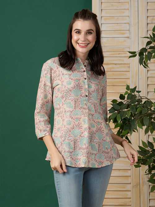 Odette Peach Printed Cotton Stitched Short Kurta For Women