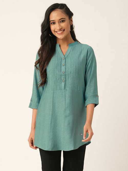 Odette Green Printed Rayon Stitched Short Kurta For Women