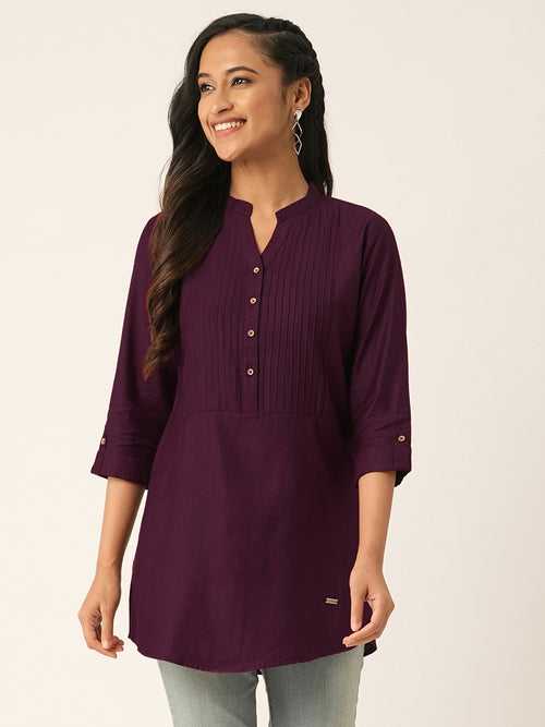 Odette Wine Solid Rayon Stitched Short Kurta For Women