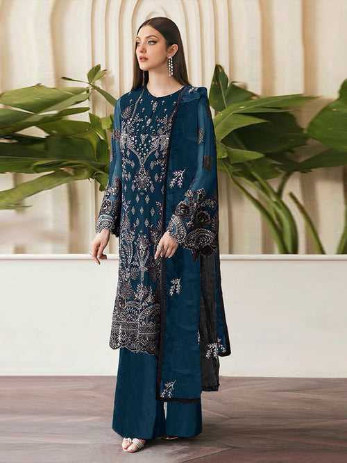 Odette Dark Blue Georgette Embroidered Semi Stitched Salwar Suit For Women