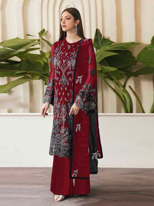 Odette Maroon Georgette Embroidered Semi Stitched Salwar Suit For Women