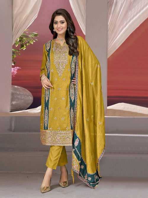 Odette Mustard Silk Blend Embroidered Semi Stitched Salwar Suit For Women