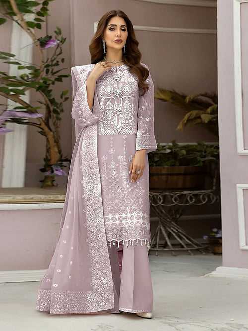 Odette Lilac Organza Embroidered Semi Stitched Salwar Suit For Women