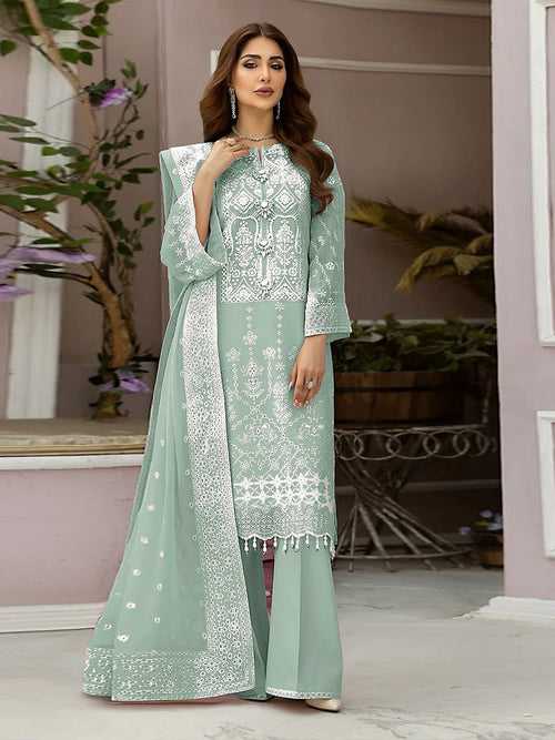 Odette Sea Green Organza Embroidered Semi Stitched Salwar Suit For Women