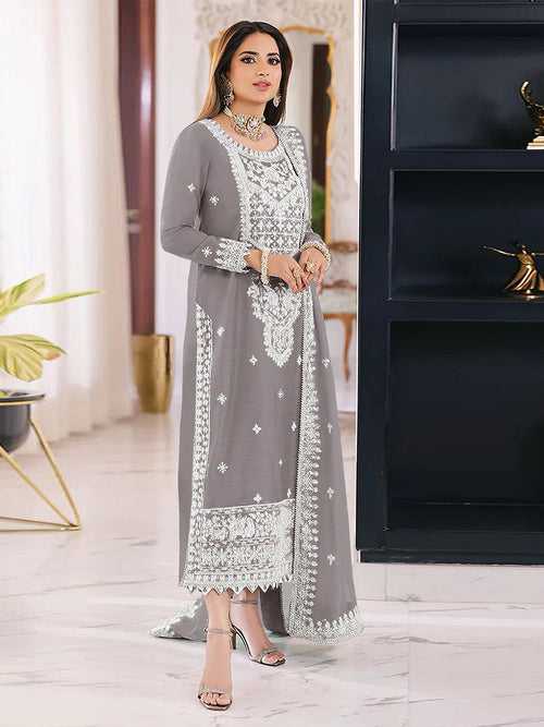 Odette Grey Organza Embroidered Semi Stitched Salwar Suit For Women