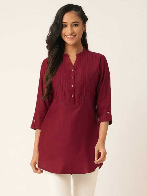Odette Maroon Printed Rayon Stitched Short Kurta For Women