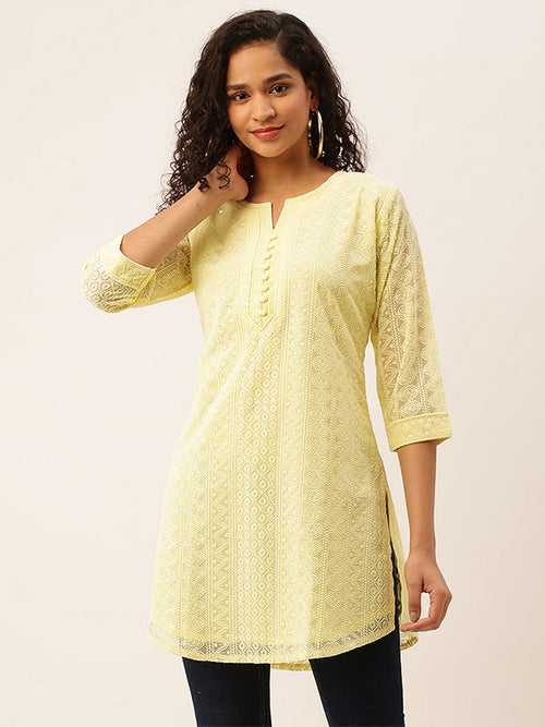 Odette Lemon Embroidered Georgette Stitched Short Kurta For Women