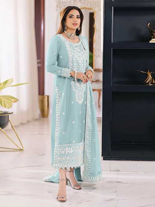 Odette Blue Organza Embroidered Semi Stitched Salwar Suit For Women