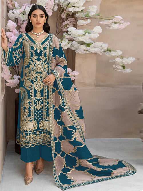 Odette Teal Organza Embroidered Semi Stitched Salwar Suit For Women