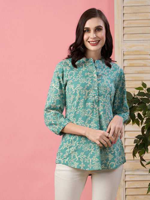 Odette Teal Printed Cotton Stitched Short Kurta For Women