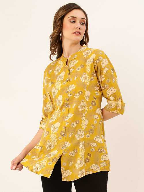 Odette Yellow Printed Rayon Stitched Short Kurta For Women