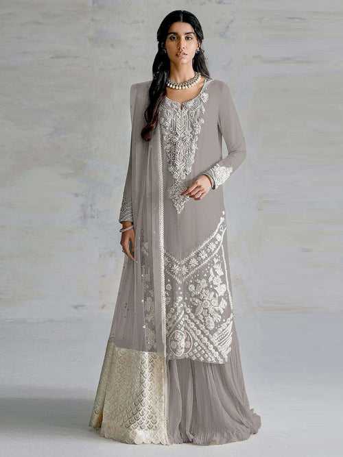 Odette Light Grey Georgette Embroidered Semi Stitched Salwar Suit For Women