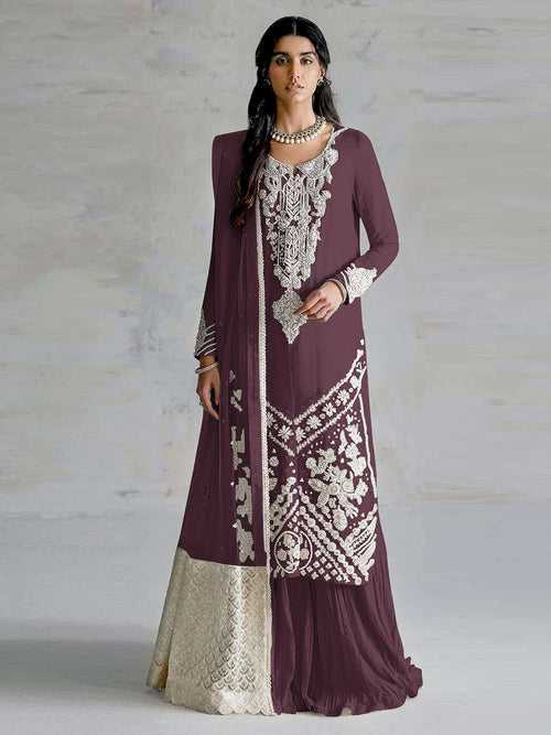 Odette Purple Georgette Embroidered Semi Stitched Salwar Suit For Women