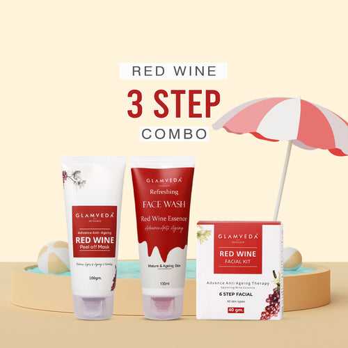 Glamveda Red Wine Advance Anti Ageing Combo Gift Pack | Reduces signs of ageing | Face Wash, Facial Kit & Peel Off Mask