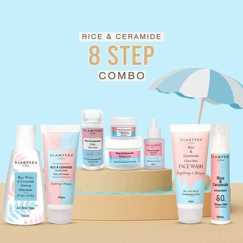 Glamveda Korean Glass Skin Rice & Ceramide 8 Step Gift Box | Face wash, Peel Off Mask, Toner, Serum, Under eye cream, Moisturizer, Sunscreen & Body Lotion