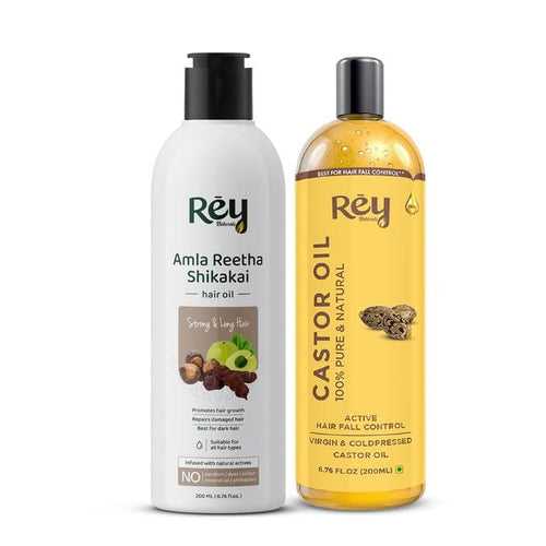 Rey Naturals Castor Oil (200 Ml) and Amla Reetha Shikakai Hair Oil (200 Ml) Combo