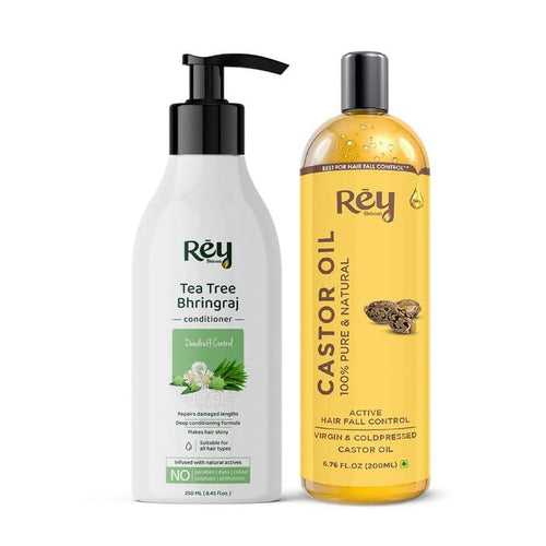 Rey Naturals Castor Oil (200Ml) and Tea Tree Bhringraj Anti Dandruff Hair Conditioner (250Ml) Combo