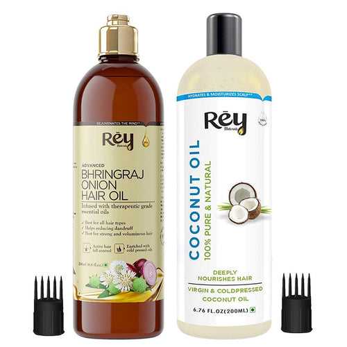 Rey Naturals® hair oils combo (Coconut oil + Bhringraj oil) controls hairfall - For healthy hair - No Mineral Oil, Silicones & Synthetic Fragrance