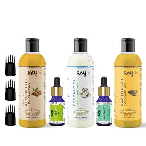 Rey Naturals Complete Hair Care Kit- Castor Oil+Coconut Oil+Almond Oil+Rosemary Oil+Teatree Oil