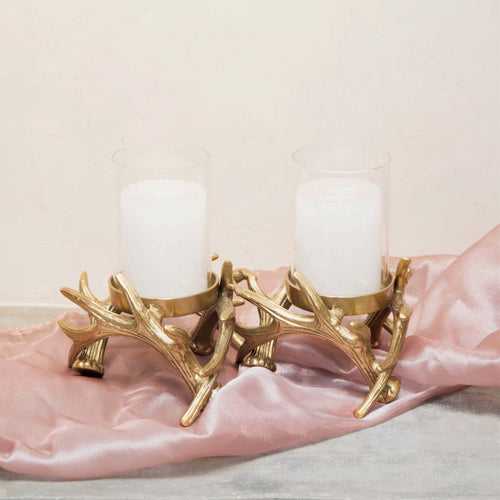 Antler dual branch candle stand in nickle finish with glass