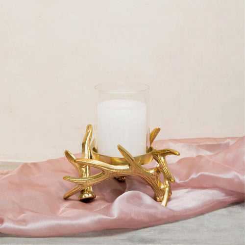 Antler candle stand with glass in gold finish