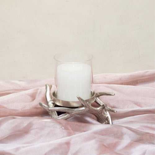 Antler candle stand with glass in nickle finish
