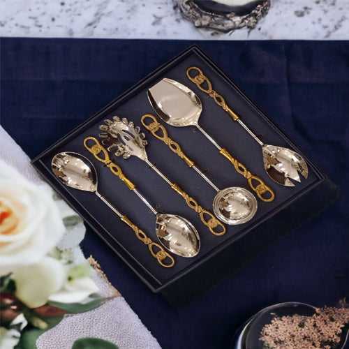 SS Serving Set With Acrylic Handle In Gold Finish