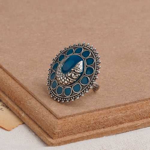 Teejh Zira Silver Oxidised Blue Enamel Ring