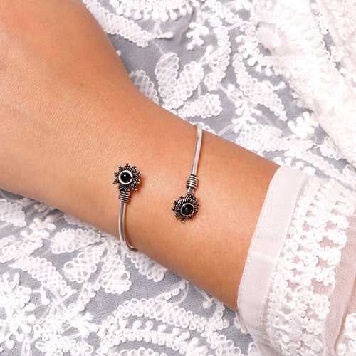Aparna Black Flower Silver Oxidized Bracelet