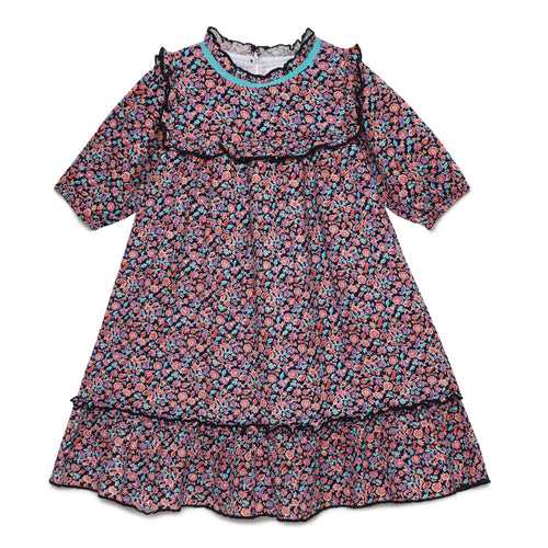 Kid Girls Frill Neck Balloon Sleeve Printed Dress