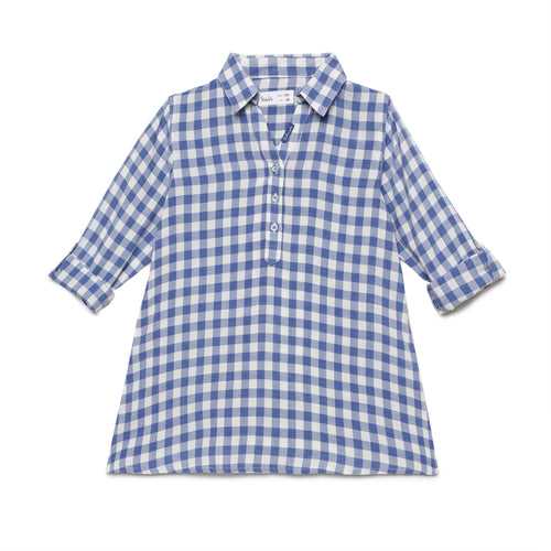 Kid Girls Collar Neck Roll Up Sleeve Gingham Checks Top