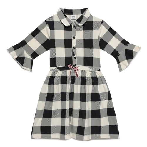 Kid Girls Fluted Sleeve Checks Printed Dress