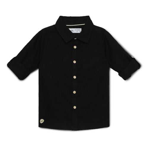 Baby Boys Collar Neck Roll Up Sleeve Black Solid Shirt