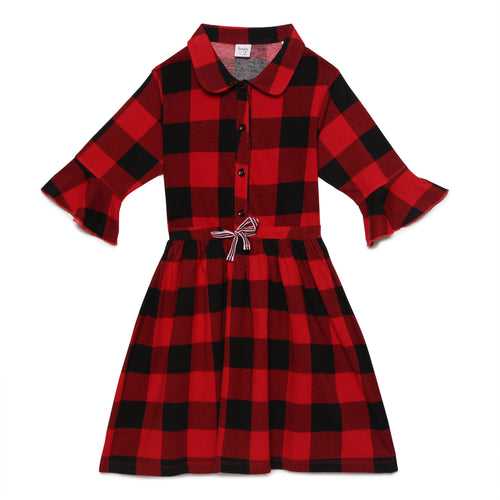 Kid Girls Fluted Sleeve Checks Printed Dress