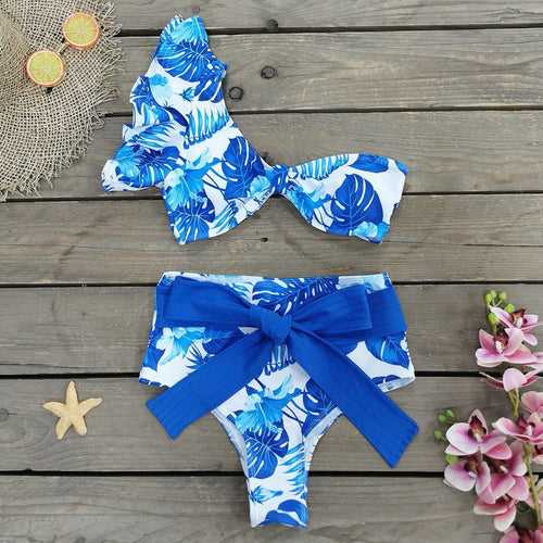 Blue One-Shoulder Ruflled Bikini Set