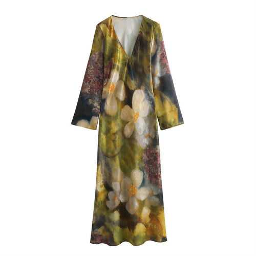 Multi Floral Long V-Neck Dress