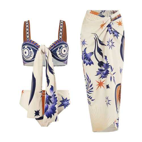 Elegant White Ancient Print Swimwear