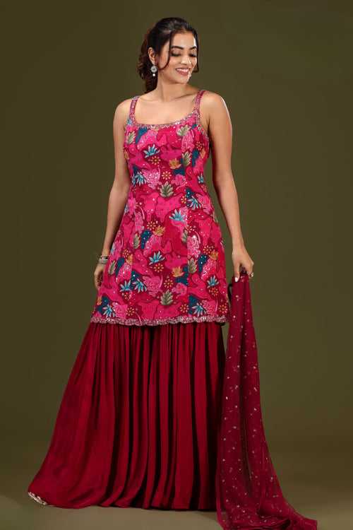 Rani Pink Digital Print, Sequins, Stone and Mirror work Sharara Salwar Suit
