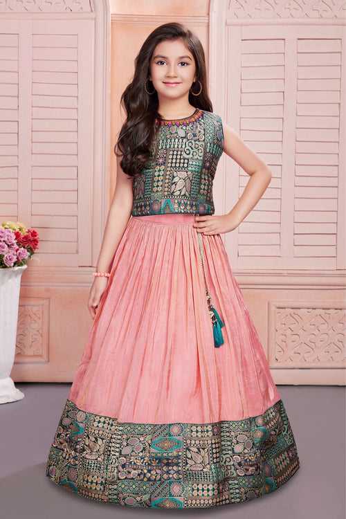 Green with Pink Banaras work Lehenga Choli for Girls