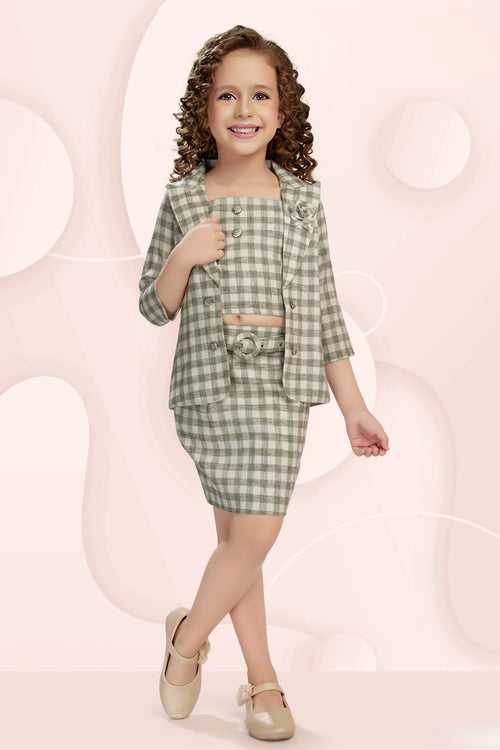 Cream with Green Printed Top and Overcoat with Short Skirt for Girls