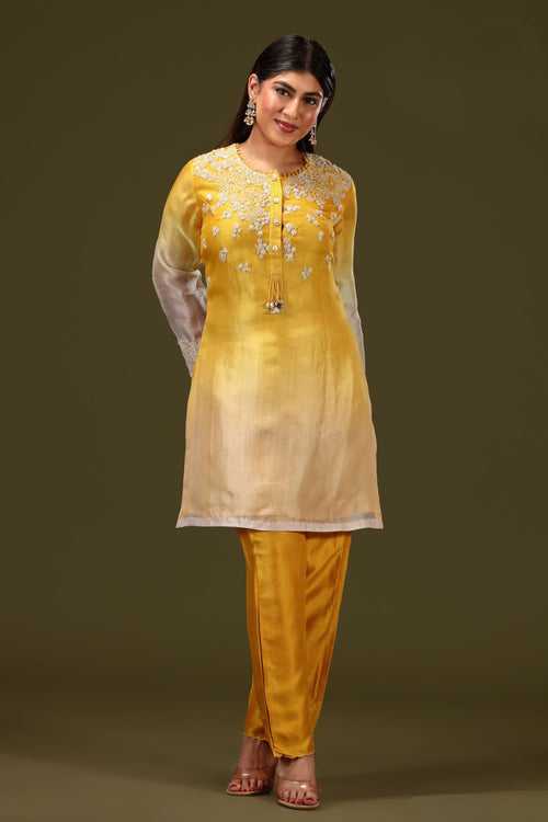 Yellow with Beige Lucknowi Thread work Straight Cut Salwar Suit