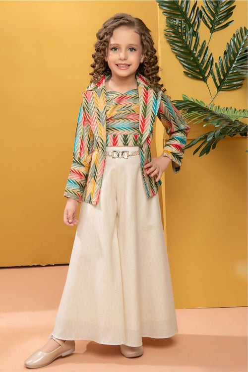 Cream with Multicolor Digital Print Overcoat Styled Palazzo Set for Girls