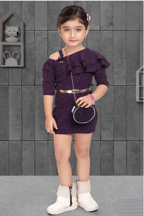 Purple Zari work Short Frock for Girls with Matching Purse and Belt
