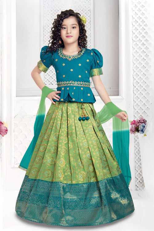 Rama Blue with Green Banaras, Stone, Beads and Thread work Lehenga Choli for Girls