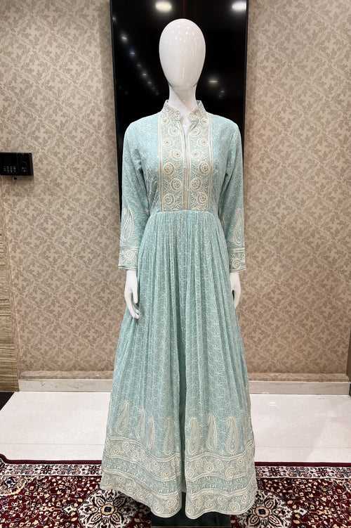 Sky Blue Thread, Sequins and Stone work Floor Length Anarkali Suit