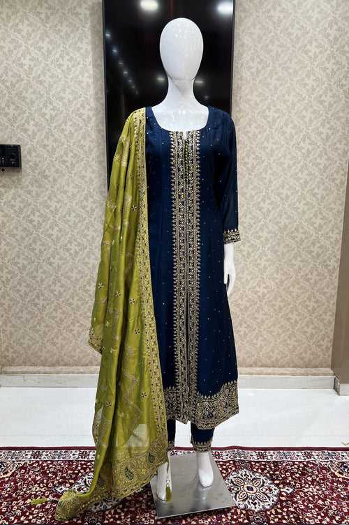 Peacock Green Sequins and Zari Thread work Straight Cut Salwar Suit