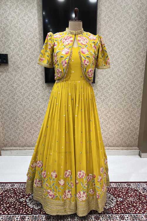 Yellow Multicolor Sequins, Thread and Beads work Jacket Styled Floor Length Anarkali Suit