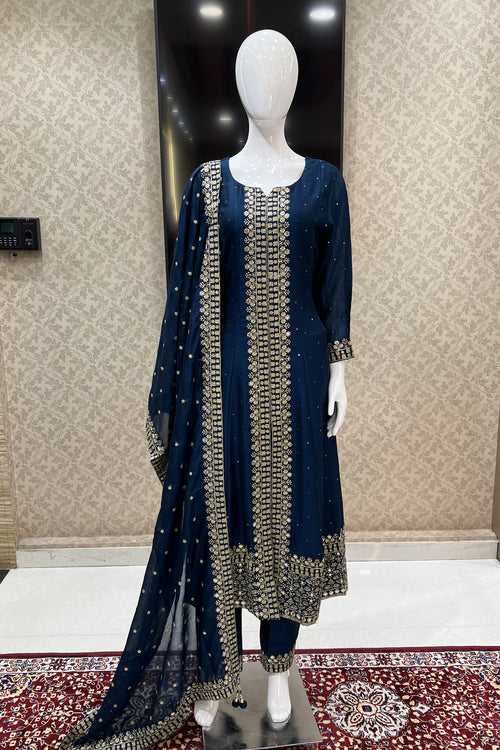 Peacock Blue Zari Thread and Sequins work Straight Cut Salwar Suit