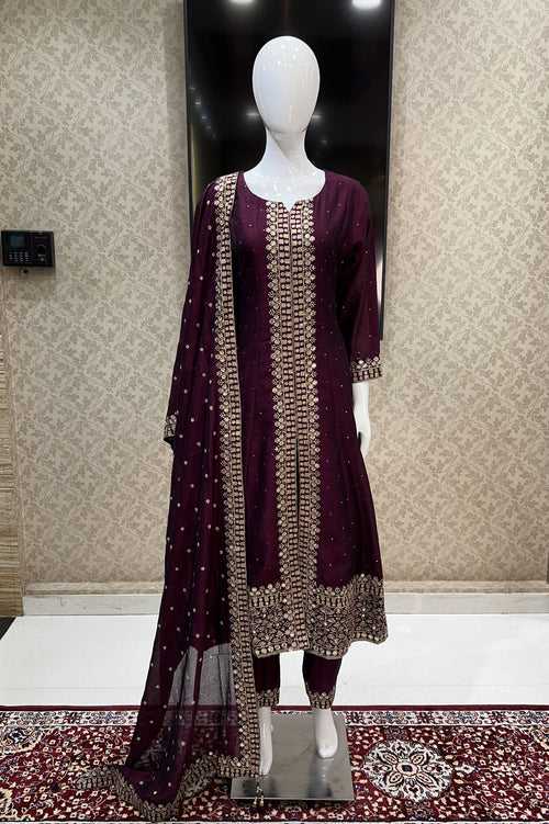 Wine Zari Thread and Sequins work Straight Cut Salwar Suit